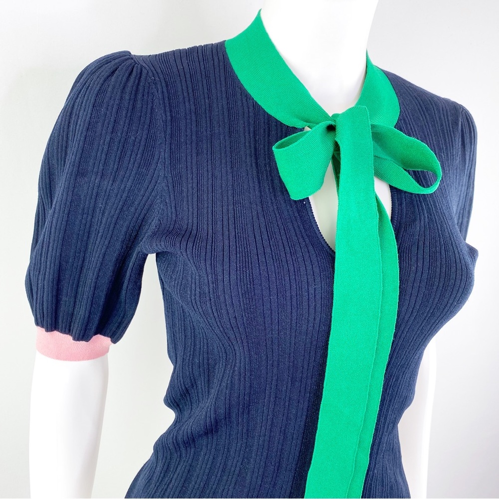 NEW Kate Spade Size S Navy Color Block Bow Neck Short Sleeve Sweater Top - Picture 7 of 11